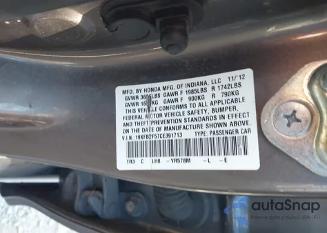 2012 Honda Civic Lx z USA, uszkodzony, nr VIN 19XFB2F57CE391713